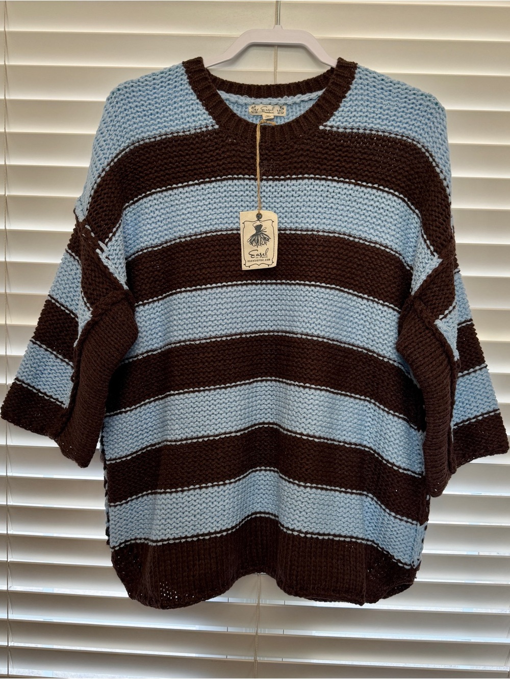 easel Cute Oversized Striped Crewneck Sweater - Light Blue & Brown